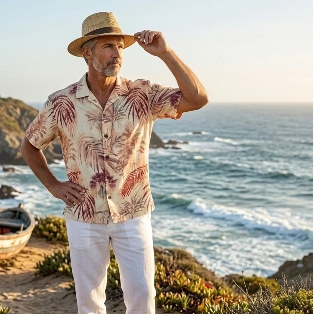 Tommy Bahama Silk Shirt Mens Medium Tan Palm Print Tropical Camp Aloha Button Up